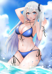 Rule 34 | 1girl, absurdres, arm up, bikini, black scrunchie, blue bikini, blue eyes, blue sky, blush, breasts, cloud, commentary request, cowboy shot, criss-cross halter, day, front-tie bikini top, front-tie top, hair between eyes, hair ornament, hair scrunchie, halterneck, hand up, highres, large breasts, long hair, looking at viewer, multi-strapped bikini, navel, one side up, open mouth, original, outdoors, scrunchie, side-tie bikini bottom, silver hair, sky, solo, standing, stomach, swimsuit, thighs, very long hair, wachikumori, wading, water