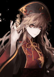 Rule 34 | 1girl, black background, black dress, blonde hair, dress, eyelashes, hand up, hat, junko (touhou), looking at viewer, looking to the side, moon, obi, open hand, red eyes, ribbon, sash, simple background, smile, snowcake47, solo, tabard, touhou, upper body, wide sleeves