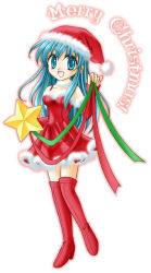 Rule 34 | 1girl, :d, bare shoulders, blue eyes, blue hair, blush, boots, christmas, dress, eirika (fire emblem), fire emblem, fire emblem: the sacred stones, full body, happy, hat, kneehighs, long hair, looking at viewer, matching hair/eyes, merry christmas, nintendo, open mouth, santa costume, santa hat, simple background, smile, socks, solo, standing, star (symbol), thigh boots, thighhighs, umejiso, white background, zettai ryouiki