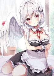 Rule 34 | 1girl, :/, alternate costume, apron, black dress, blush, breast hold, breasts, collar, collarbone, commentary request, crescent, crescent hair ornament, dress, enmaided, feathered wings, frilled collar, frilled cuffs, frilled dress, frills, hair ornament, head tilt, highres, kishin sagume, looking at viewer, maid, maid headdress, medium breasts, neck ribbon, niko kusa, red eyes, red ribbon, ribbon, short sleeves, signature, single wing, sitting, sleeveless, sleeveless dress, solo, touhou, waist apron, wariza, white apron, white hair, white wings, wings