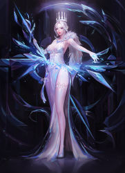 Rule 34 | 1girl, bare shoulders, blue eyes, breasts, chocofing r, closed mouth, crown, dress, elbow gloves, full body, gloves, holding, lipstick, makeup, original, outstretched arm, pointy ears, red lips, side slit, sleeveless, sleeveless dress, solo, standing, white dress, white gloves, white hair