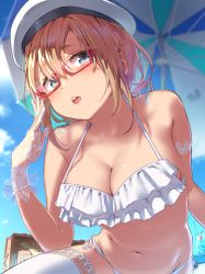 Rule 34 | 1girl, adjusting eyewear, ahoge, arm garter, beach umbrella, bikini, blonde hair, blue eyes, blue sky, book, breasts, cherry, cleavage, close-up, cloud, cup, day, food, frilled bikini, frills, fruit, glasses, gloves, hair ribbon, hand on eyewear, hat, highres, i-8 (kancolle), kantai collection, lace, lace-trimmed gloves, lace-trimmed legwear, lace trim, large breasts, long hair, low twintails, navel, open mouth, outdoors, red-framed eyewear, ribbon, satsuki neko, side-tie bikini bottom, sidelocks, skindentation, sky, solo, stomach, swimsuit, teeth, thighhighs, thighs, twintails, umbrella, upper teeth only, white bikini, white gloves, white thighhighs