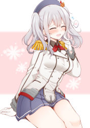 Rule 34 | 1girl, ^ ^, beret, black hat, black skirt, blush, breasts, brown shirt, buttons, closed eyes, collared shirt, epaulettes, gloves, hat, heart, highres, jacket, kantai collection, kashima (kancolle), large breasts, long sleeves, looking at viewer, military jacket, miniskirt, neckerchief, pleated skirt, red neckerchief, rui shi (rayze ray), shirt, sidelocks, silver hair, sitting, skirt, smile, solo, spoken blush, twintails, wavy hair, white gloves, white jacket