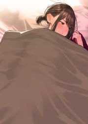 Rule 34 | 1girl, bed, blanket, blush, brown hair, douki-chan (douki-chan), earrings, ganbare douki-chan, highres, jewelry, looking away, pout, sidelocks, solo, under covers, yomu (sgt epper)