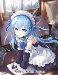 Rule 34 | 1girl, ange vierge, animal ears, bare shoulders, black gloves, blue bow, blue eyes, blue hair, bow, bucket, bucket of water, cat ears, chair, curtains, day, detached sleeves, gloves, indoors, kneeling, long hair, looking at viewer, maid, official art, omega 47 toto, shamonor, smile, solo, tail, watermark, window, wooden floor