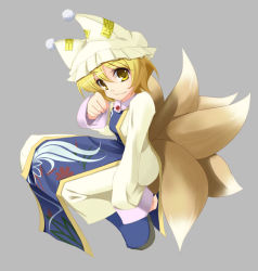 Rule 34 | 1girl, animal hat, blonde hair, dress, female focus, fox tail, grey background, hat, long sleeves, looking at viewer, mob cap, multiple tails, ofuda, short hair, simple background, sitting, solo, tabard, tail, touhou, wapokichi, white dress, wide sleeves, yakumo ran, yellow eyes