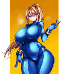 Rule 34 | 1girl, absurdres, blonde hair, bodysuit, breasts, covered erect nipples, covered navel, highres, huge breasts, love handles, metroid, nintendo, plump, ponytail, samus aran, smile, thick thighs, thighs, yellow background, zero suit