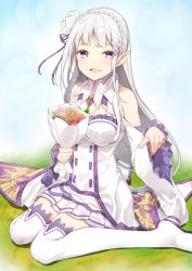 Rule 34 | 1girl, bare shoulders, blush, bouquet, braid, breasts, crown braid, dress, emilia (re:zero), flower, hair ornament, holding, holding bouquet, long hair, looking at viewer, medium breasts, open mouth, pointy ears, purple eyes, sitting, smile, solo, thighhighs, white hair, white thighhighs