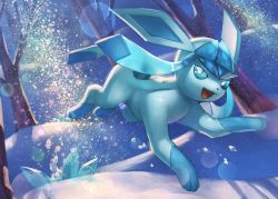 Rule 34 | bare tree, blue eyes, commentary request, creatures (company), crystal, day, game freak, gen 4 pokemon, glaceon, jumping, lens flare, looking at viewer, nintendo, no humans, open mouth, outdoors, pokemon, pokemon (creature), shadow, snow, snowing, solo, spareribs, tongue, tree