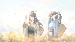 Rule 34 | 2girls, absurdres, adjusting hair, arms up, basket, black eyes, black hair, chinese clothes, closed mouth, flower, hair bun, highres, hua ming wink, long hair, multiple girls, open mouth, original, outdoors, pointy ears, robe, skirt, wide sleeves, yellow flower