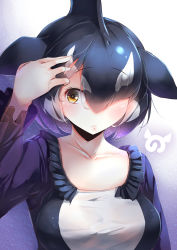 Rule 34 | 1girl, absurdres, black hair, collarbone, commentary request, fins, frown, hair over one eye, hand in own hair, head fins, highres, japari symbol, kanzakietc, kemono friends, long sleeves, looking at viewer, multicolored hair, orca (kemono friends), parted bangs, see-through, short hair, solo, upper body, white hair, yellow eyes