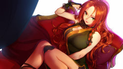 Rule 34 | 1girl, bad proportions, bare arms, black gloves, bow, braid, breasts, bridal gauntlets, couch, earrings, gloves, green eyes, hair between eyes, hair bow, highres, hong meiling, jewelry, knees together feet apart, large breasts, lipstick, long hair, makeup, pillow, red hair, side braid, sitting, smile, solo, star (symbol), star earrings, touhou, wu (4401153)