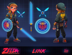 Rule 34 | adapted costume, belt, belt pouch, blue eyes, brown hair, commentary, cyberpunk, cyborg, drone, energy sword, english commentary, fingerless gloves, full body, gloves, hat, high collar, highres, jacket, link, luigi lucarelli, master sword, mechanical arms, multiple belts, multiple views, navi, neon trim, nintendo, nose, pants, pointy ears, pouch, shield, shoes, short hair, single fingerless glove, single glove, single mechanical arm, sleeves pushed up, sneakers, solo focus, sword, the legend of zelda, the legend of zelda: ocarina of time, triforce, weapon, young link