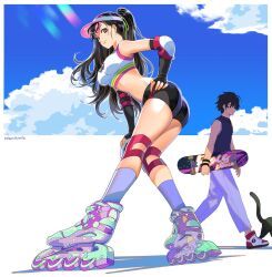 Rule 34 | 1boy, 1girl, aldo (another eden), another eden, bike shorts, black cat, breasts, cat, character request, closed mouth, cloud, commentary request, fingerless gloves, full body, gloves, highres, inline skates, long hair, looking at viewer, medium breasts, roller skates, shinwoo choi, short hair, skateboard, skates, smile, visor cap