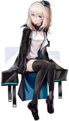 Rule 34 | 1girl, arknights, black coat, black footwear, black skirt, black thighhighs, blonde hair, blue eyes, closed mouth, coat, durin (arknights), full body, highres, hiyaori (hiyahiyaval), invisible chair, long hair, long sleeves, pointy ears, shirt, simple background, sitting, skirt, solo, thighhighs, white background, white shirt