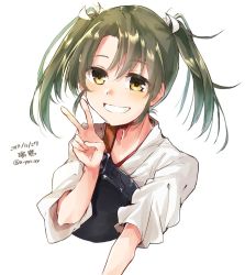 Rule 34 | 1girl, artist name, brown eyes, dated, grey hair, grin, japanese clothes, kantai collection, long hair, looking at viewer, muneate, simple background, smile, solo, tasuki, twintails, twitter username, u yuz xx, upper body, v, white background, zuikaku (kancolle)