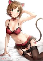 Rule 34 | 1girl, animal ears, arm support, arm up, armpits, artist name, black thighhighs, bra, braid, breasts, brown hair, cat ears, cat tail, choker, cleavage, earrings, fang, french braid, garter straps, green eyes, heart, highres, idolmaster, idolmaster cinderella girls, jewelry, looking at viewer, maekawa miku, medium breasts, nail polish, navel, open mouth, panties, red bra, red panties, short hair, side braid, simple background, single earring, sitting, solo, tail, takeashiro, thighhighs, underwear, underwear only