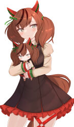 Rule 34 | 1girl, absurdres, animal ears, black dress, border, bow, bowtie, brown hair, character doll, commentary request, cowboy shot, doll, dress, ear covers, green eyes, grey background, highres, holding, holding doll, horse ears, horse girl, horse tail, index finger raised, kudo (user dzch8572), long sleeves, looking at viewer, medium hair, multicolored hair, nice nature (umamusume), pinafore dress, shirt, simple background, sleeveless, sleeveless dress, smile, solo, streaked hair, striped bow, striped bowtie, striped clothes, tail, twintails, umamusume, white border, white shirt