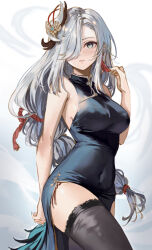 Rule 34 | 1girl, arm behind back, atiarta7, black thighhighs, blush, braid, breasts, china dress, chinese clothes, closed mouth, commentary, covered navel, cowboy shot, dress, earrings, genshin impact, grey hair, hair ornament, hair over one eye, highres, jewelry, large breasts, long hair, looking at viewer, shenhe (genshin impact), side slit, sideboob, sleeveless, sleeveless dress, solo, tassel, tassel earrings, thighhighs, twitter username