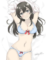 Rule 34 | 1girl, arms up, black hair, blue bra, blue panties, bra, breasts, cleavage, cowboy shot, gakky, grey eyes, kantai collection, looking at viewer, medium breasts, navel, one-hour drawing challenge, oyashio (kancolle), panties, solo, underwear, undressing