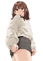Rule 34 | 1girl, adjusting skirt, blush, brown hair, closed mouth, cowboy shot, embarrassed, eyebrows hidden by hair, from below, grey skirt, long sleeves, looking away, looking to the side, mattaku mousuke, medium hair, miniskirt, original, plaid, plaid skirt, puffy sleeves, simple background, skirt, sleeves past wrists, solo, sweater, thighs, turtleneck, turtleneck sweater, twitter username, white background, white sweater