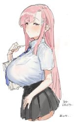 Rule 34 | 1girl, blunt bangs, blush, breasts, commentary, large breasts, long hair, looking at viewer, necktie, original, pink hair, pleated skirt, purple eyes, school uniform, simple background, sketch, skirt, solo, suisogenshi, translation request, white background