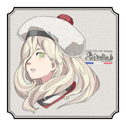 Rule 34 | 1girl, beret, blonde hair, character name, close-up, cropped shoulders, green eyes, hair over one eye, hat, kantai collection, long hair, looking at viewer, mole, mole under eye, mole under mouth, oso (toolate), pom pom (clothes), portrait, richelieu (kancolle), simple background, solo, white hat, yellow eyes