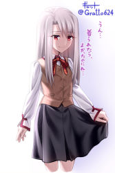 Rule 34 | 1girl, black skirt, brown vest, closed mouth, collared shirt, cropped legs, dress shirt, fate/stay night, fate (series), gyatto624, hair between eyes, hair intakes, highres, homurahara academy school uniform, illyasviel von einzbern, long eyelashes, long hair, long sleeves, miniskirt, neck ribbon, pleated skirt, red eyes, ribbon, school uniform, shirt, silver hair, simple background, skirt, skirt hold, smile, solo, standing, straight hair, striped ribbon, twitter username, very long hair, vest, white background, white shirt, wing collar
