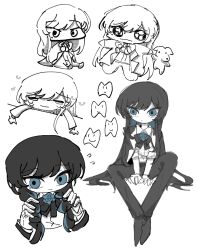Rule 34 | 1girl, ado (utaite), alternate hairstyle, black bow, black bowtie, black coat, black footwear, black hair, black pants, blue eyes, bow, bowtie, braid, chando (ado), chibi, chinese commentary, closed mouth, cloud nine inc, coat, coat on shoulders, collared shirt, colored inner hair, commentary request, dress shirt, highres, long hair, long sleeves, mole, mole under eye, multicolored hair, multiple views, pants, phossscinnn, screentones, shirt, sitting, sleeves past elbows, tearing up, tooth, twin braids, two-tone hair, utaite, white shirt