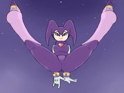 Rule 34 | 1girl, ass, blue eyes, bodysuit, chest jewel, gloves, hat, jester cap, nights (character), nights into dreams, onlylove, sega, skin tight, smile, spread legs, thick thighs, thighs