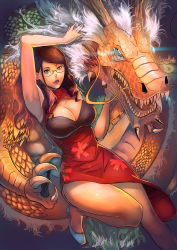 Rule 34 | 1girl, arm up, armpits, breasts, brown hair, china dress, chinese clothes, claws, cleavage, dragon, dress, eastern dragon, fangs, glasses, glowing, large breasts, layla (suptomat), looking at viewer, nostrils, open mouth, original, shoes, teeth