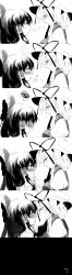 Rule 34 | 2girls, 5koma, absurdres, bad id, bad pixiv id, blush, chonsuke, comic, eye contact, closed eyes, female focus, greyscale, hakurei reimu, hand on another&#039;s cheek, hand on another&#039;s face, highres, imminent kiss, long image, looking at another, monochrome, multiple girls, silent comic, tall image, touhou, yakumo yukari, yuri