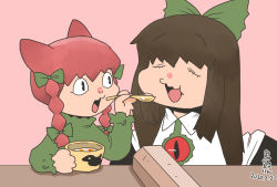 Rule 34 | 2girls, :3, animal ears, black hair, bow, bowl, braid, cape, cat ears, collared shirt, commentary request, control rod, dated, dress, eating, closed eyes, feeding, green dress, hair bow, hair ribbon, hand up, kaenbyou rin, long hair, long sleeves, multiple girls, one-hour drawing challenge, onikobe rin, open mouth, pink background, red hair, reiuji utsuho, ribbon, shirt, short hair, sidelocks, signature, simple background, spoon, table, third eye, touhou, tress ribbon, twin braids, white cape, white shirt, wings
