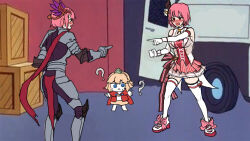 Rule 34 | 3girls, armor, bad id, clone, dcinside (website), full body, guardian tales, highres, idol, idol captain eva, knight captain eva, marvel, meme, multiple girls, official alternate costume, pink hair, second-party source, short hair, spider-man (series), standing, thighhighs, white thighhighs