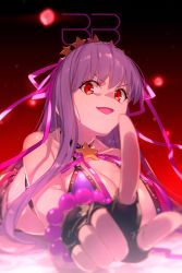 Rule 34 | 1girl, bare shoulders, bb (fate), bb (fate) (all), bb (swimsuit mooncancer) (fate), bb (swimsuit mooncancer) (second ascension) (fate), bead bracelet, beads, belt, bikini, black gloves, bracelet, breasts, character name, cleavage, collarbone, echo (circa), fate/grand order, fate (series), fingerless gloves, gloves, gradient background, hair ornament, hair ribbon, hairband, index finger raised, jewelry, large breasts, long hair, looking at viewer, loose belt, neck ribbon, open mouth, outstretched arm, purple bikini, purple hair, red background, red eyes, ribbon, smile, solo, star (symbol), star hair ornament, swimsuit, very long hair, white belt