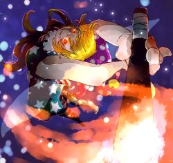 Rule 34 | 1girl, american flag dress, american flag legwear, american flag shirt, armpits, arms up, blonde hair, breasts, clownpiece, colored eyelashes, fire, from above, glowing, glowing eyes, hat, jester cap, light particles, long hair, looking at viewer, perspective, purple background, r18ankou, red eyes, short sleeves, small breasts, smirk, soles, solo, teeth, torch, touhou