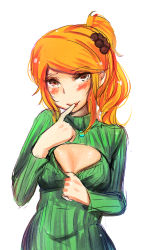 Rule 34 | 1girl, :p, asymmetrical bangs, at2., blush, breasts, cleavage cutout, clothes pull, clothing cutout, fictional persona, finger to mouth, hair ornament, half updo, highres, licking, long sleeves, looking at viewer, meme attire, open-chest sweater, orange hair, original, ponytail, red eyes, ribbed sweater, self-portrait, shiny skin, shirt pull, sidelocks, simple background, sketch, small breasts, solo, striped clothes, striped sweater, sweater, sweater pull, tongue, tongue out, tsurime, upper body, white background