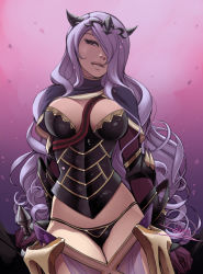 Rule 34 | 1girl, arm guards, armor, arms at sides, between breasts, black panties, breasts, camilla (fire emblem), capelet, cleavage, curly hair, faulds, fire emblem, fire emblem fates, gloves, gradient background, hair over one eye, horns, large breasts, lips, long hair, looking at viewer, nintendo, panties, parted lips, purple eyes, purple gloves, purple hair, revealing clothes, see-through, signature, solo, standing, sword, tiara, underwear, vashperado, very long hair, weapon