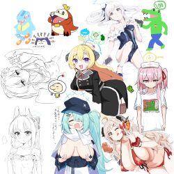 Rule 34 | 6+girls, absurdres, ahoge, akari (blue archive), artist request, bare arms, bare legs, bare shoulders, bikini, black horns, black one-piece swimsuit, blue archive, blush, breasts, brown eyes, cameltoe, cellphone, clearite, cleavage, closed mouth, collaboration, covered erect nipples, covered navel, creatures (company), crocodile, crocodilian, demon horns, food, frilled one-piece swimsuit, frills, game freak, grey hair, halo, highres, hiyori (blue archive), holding, holding food, holding phone, horns, hot dog, hyakunichigo ni shinu wani, ikayaki, izumi (blue archive), izumi (swimsuit) (blue archive), large breasts, light brown hair, long hair, looking at viewer, miyako (blue archive), miyako (swimsuit) (blue archive), multiple girls, nagisa (blue archive), nintendo, off-shoulder one-piece swimsuit, off shoulder, official alternate costume, one-piece swimsuit, one eye closed, parted lips, phone, pokemon, pokemon (creature), ponytail, purple eyes, red bikini, serina (blue archive), small breasts, smartphone, smile, solo focus, swimsuit
