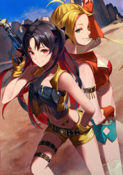 Rule 34 | 2girls, bandeau, bare shoulders, belt, bikini, black hair, blonde hair, blue bandeau, blue shorts, breasts, brown vest, calamity jane (fate), cleavage, cropped vest, earrings, fate/grand order, fate (series), fingerless gloves, gloves, green eyes, gun, hair ribbon, hand on own hip, highres, hoop earrings, ishtar (fate), jewelry, kainown, long hair, looking at viewer, medium breasts, multicolored hair, multiple girls, navel, open clothes, open vest, parted bangs, red bikini, red eyes, red hair, ribbon, short shorts, shorts, side ponytail, smile, space ishtar (fate), space ishtar (second ascension) (fate), star tattoo, swimsuit, tattoo, tiara, two-tone hair, two side up, vest, weapon, yellow gloves, yellow shorts, yellow vest