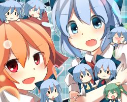 Rule 34 | 6+girls, :3, ^ ^, achi cirno, alternate color, alternate element, alternate hairstyle, animal ears, ascot, bad id, bad pixiv id, blue dress, blue eyes, blue hair, blush, blush stickers, bow, cat ears, chibi, cirno, closed eyes, cosplay, daiyousei, detached sleeves, dress, closed eyes, fang, green hair, hair bow, hakurei reimu, hakurei reimu (cosplay), heart, highres, holding, kemonomimi mode, lens flare, long hair, looking at viewer, multiple girls, multiple persona, o o, odd one out, open mouth, red eyes, red hair, serio (columns), short hair, side ponytail, touhou