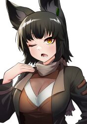 Rule 34 | 1girl, animal ear fluff, animal ears, bandana around neck, black hair, collared jacket, commission, dog ears, earclip, hand up, highres, jacket, long sleeves, looking at viewer, lower teeth only, one eye closed, open clothes, open jacket, open mouth, original, short hair, solo, sung08ko, teeth, upper body, white background, yellow eyes