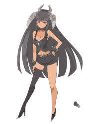 Rule 34 | 1girl, bare shoulders, black choker, black diablos, black footwear, black jacket, blunt bangs, blush, breasts, choker, cleavage, color guide, contrapposto, full body, grey hair, grey thighhighs, hand on own hip, high heels, horns, jacket, long hair, looking at viewer, medium breasts, monster hunter (series), ohta yuichi, parted lips, personification, red eyes, short shorts, shorts, simple background, single thighhigh, sleeveless, sleeveless jacket, smile, solo, standing, thighhighs, very long hair, white background, wristband