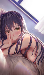 Rule 34 | 1girl, absurdres, bed, bed sheet, blue hair, blush, breasts, completely nude, hair between eyes, hand on own face, highres, long hair, looking at viewer, love live!, love live! school idol project, lying, naked sheet, nude, on bed, on stomach, pov across bed, revision, solo, sonoda umi, swept bangs, tanaka212, under covers, yellow eyes
