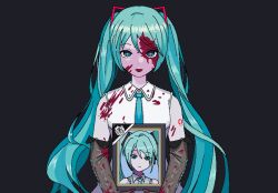 Rule 34 | 1girl, black background, blood, blood on clothes, blood on face, blood splatter, blue eyes, blue hair, blue necktie, commentary, detached sleeves, english commentary, hatsune miku, highres, holding, holding photo, iei, jio (jiowerful), long hair, looking at viewer, necktie, needy girl overdose, open mouth, parody, photo (object), picture frame, pixel art, portrait (object), shirt, simple background, smile, solo, style parody, twintails, upper body, very long hair, vocaloid, white shirt