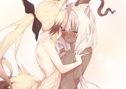 Rule 34 | 2girls, absurdres, after kiss, animal ear fluff, animal ears, arknights, ass, beeswax (arknights), blonde hair, blush, brown eyes, cardigan (arknights), cat ears, commission, completely nude, dark-skinned female, dark skin, eye contact, face-to-face, fox ears, fox girl, fox tail, highres, holding hands, horns, long hair, looking at another, multiple girls, nasuuni, nude, open mouth, pink eyes, ponytail, ribbon, saliva, saliva trail, skeb commission, tail, tears, tongue, tongue out, upper body, very long hair, white hair, yuri