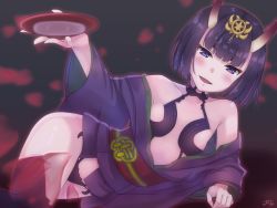 Rule 34 | 1girl, alcohol, bad id, bad pixiv id, blush, bob cut, breasts, cup, fate/grand order, fate (series), highres, hip focus, horns, japanese clothes, kimono, lying, obi, on side, oni, open clothes, open kimono, parted lips, purple eyes, purple hair, ramchi, revealing clothes, sakazuki, sake, sash, short eyebrows, shuten douji (fate), skin-covered horns, small breasts, smile