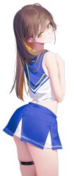 Rule 34 | 1girl, absurdres, aya (lezon), bare arms, bare shoulders, blonde hair, blue shirt, blue skirt, brown hair, cheerleader, colored inner hair, commentary request, cowboy shot, cropped shirt, double-parted bangs, from behind, hair between eyes, hand up, highres, long hair, looking at viewer, looking back, midriff, miniskirt, multicolored hair, original, parted lips, shirt, simple background, skirt, sleeveless, sleeveless shirt, solo, thick thighs, thigh strap, thighs, two-tone hair, white background, yellow eyes