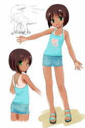Rule 34 | 1girl, back, bob cut, brown hair, child, dinosaur, flat chest, from behind, green eyes, looking at viewer, looking back, one-piece tan, original, outstretched arms, sandals, shorts, simple background, solo, spread arms, tan, tank top, tanline, translated, white background, yukino minato