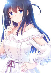 Rule 34 | 1girl, absurdres, arm cutout, bare shoulders, black hair, blue eyes, blush, center frills, closed mouth, collarbone, cowboy shot, dress, finger to cheek, frilled dress, frills, hair between eyes, hand on own hip, hand up, highres, idoly pride, index finger raised, long hair, nagase mana, nyaa (nnekoron), off-shoulder dress, off shoulder, one side up, purple ribbon, raised eyebrows, ribbon, sidelocks, simple background, smile, solo, straight hair, waist ribbon, white background, white dress